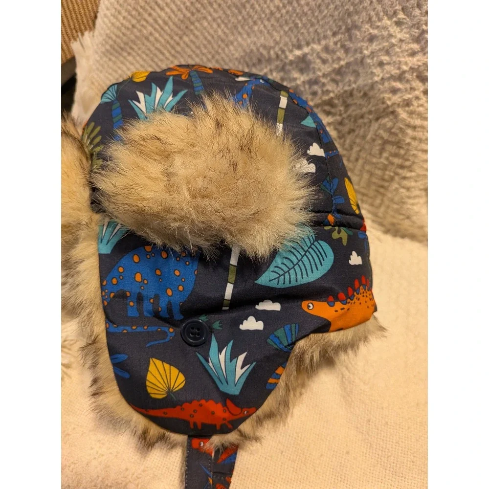 The Children's Place Dinosaur Trapper Hat Faux Fur Lined Ear Flaps Large 4T-5T